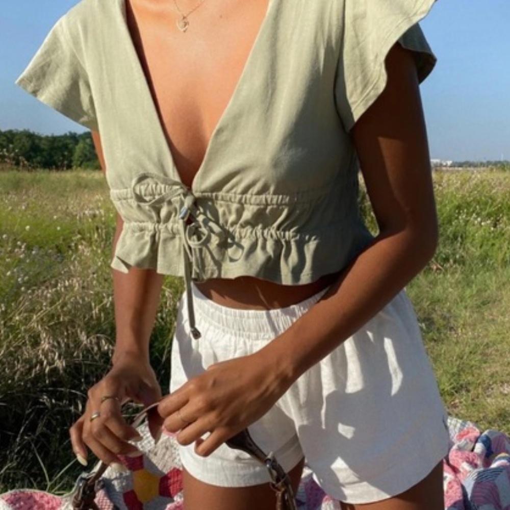 Princess Polly Jamison Reid Tie Front Crop Top Olive Green Khaki Womens 2